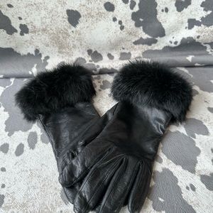 Vintage Grandoe Women’s Black Leather Faux Fur Trim Gloves Size 7